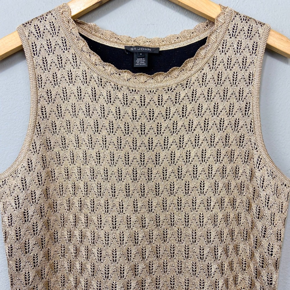 St. John Sleeveless‎ Sweater Knit Top Size S Gold Metallic Tank Pointelle Shell - Picture 3 of 11